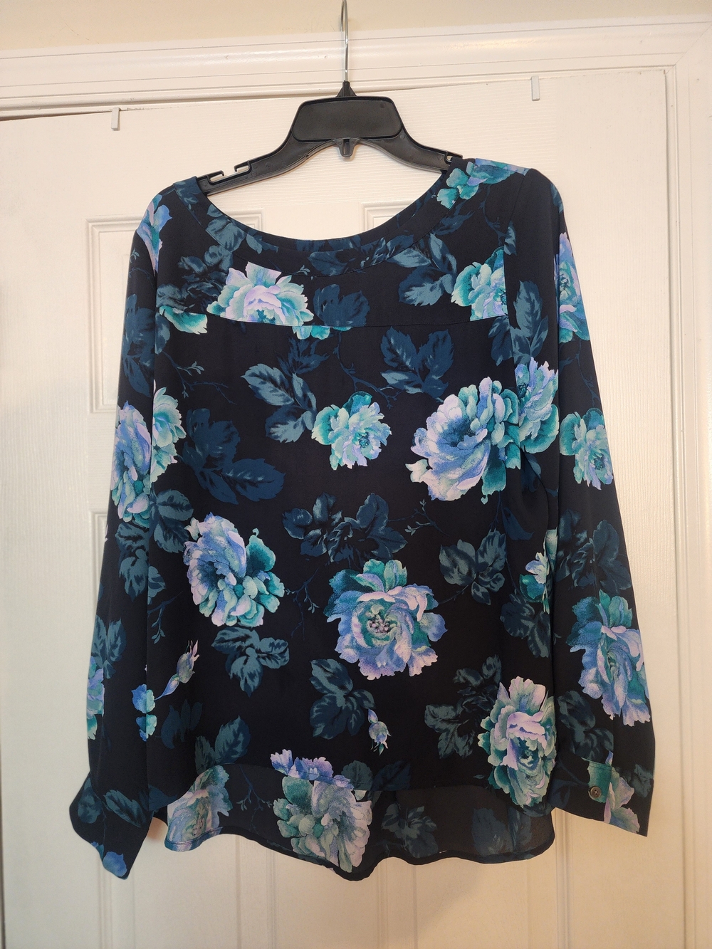 LOFT Navy Floral Long-Sleeve Blouse with Teal & Aqua Blooms